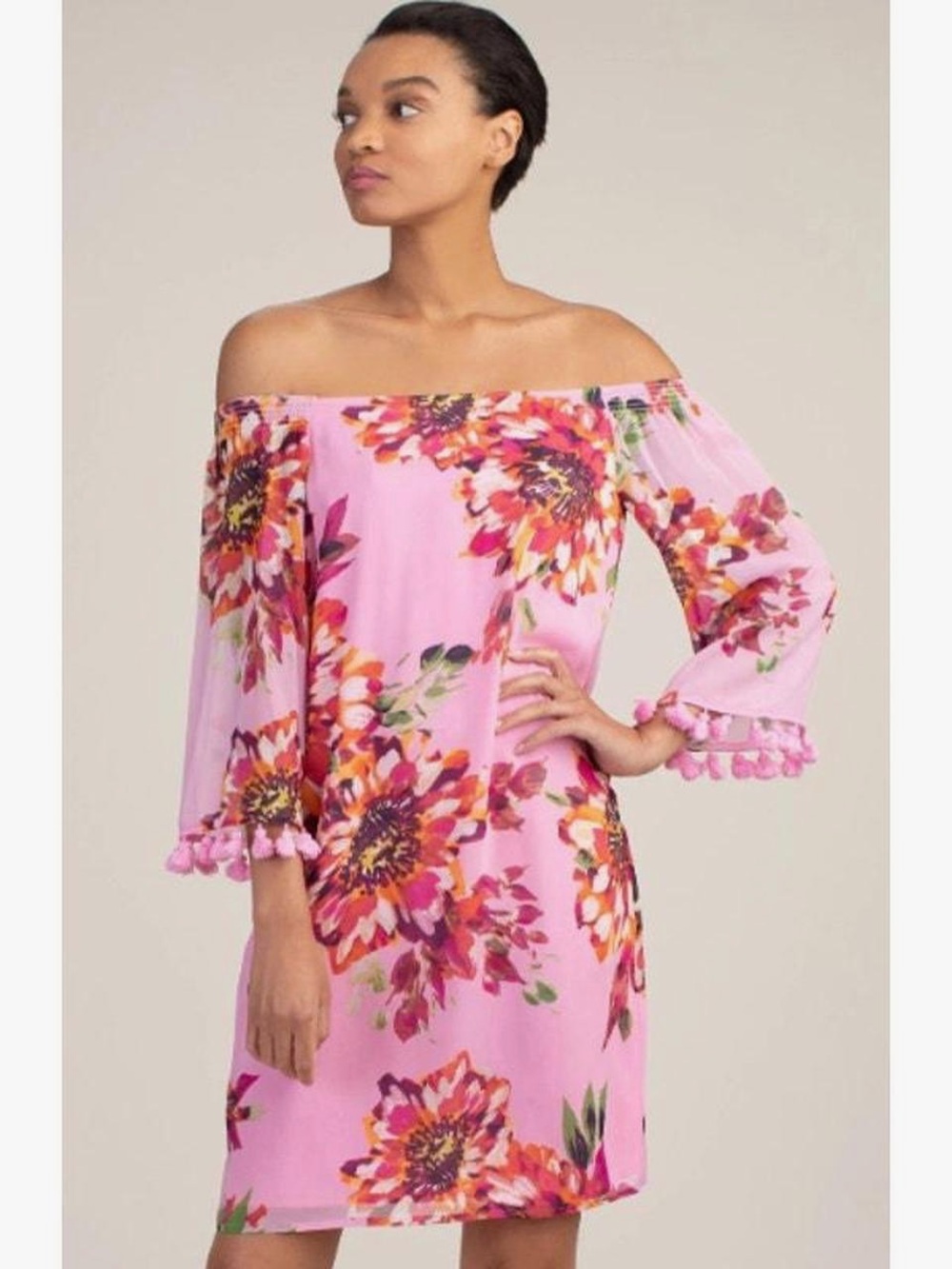 NWT Trina Turk Amaris Dress 100% Silk Off The Shoulder Size M Floral Resortwear